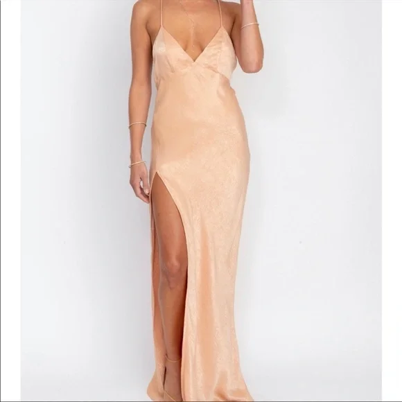 RESA | Dresses | Resa Camille Slip Dress Maxi Leg Slit Satin Champagne  Peach Open Back Strappy | Poshmark